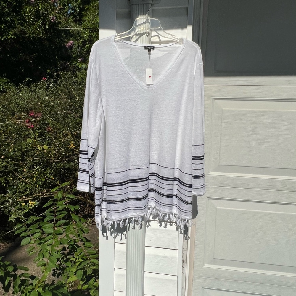 NWT Talbots Fun White Black Stripe V-Neck Lightweight Fringed Sweater